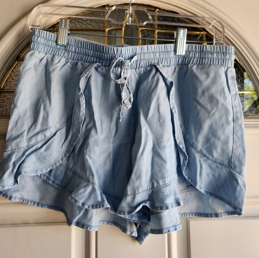 Guess Womens Ruffle Short Super Bleached Wash Blue Drawstring Lyocell Sz Small
